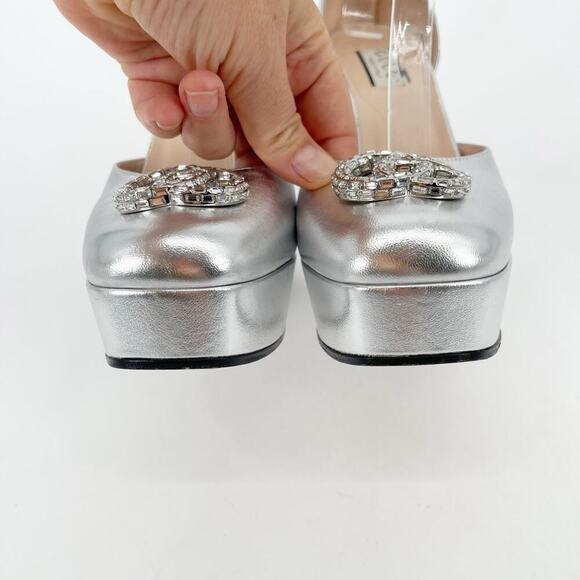 Gucci Silver Metallic Crystal GG Platform Ankle Strap Block Heel Pumps EU 37.5 - Picture 8 of 16